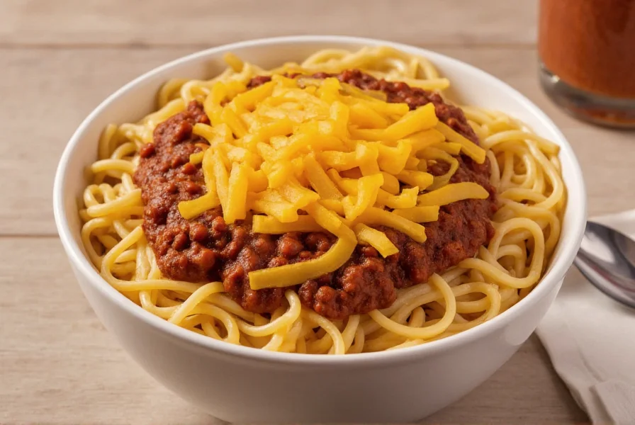 Authentic skyline chili 3 way served in a bowl with spaghetti, chili, and melted cheddar cheese