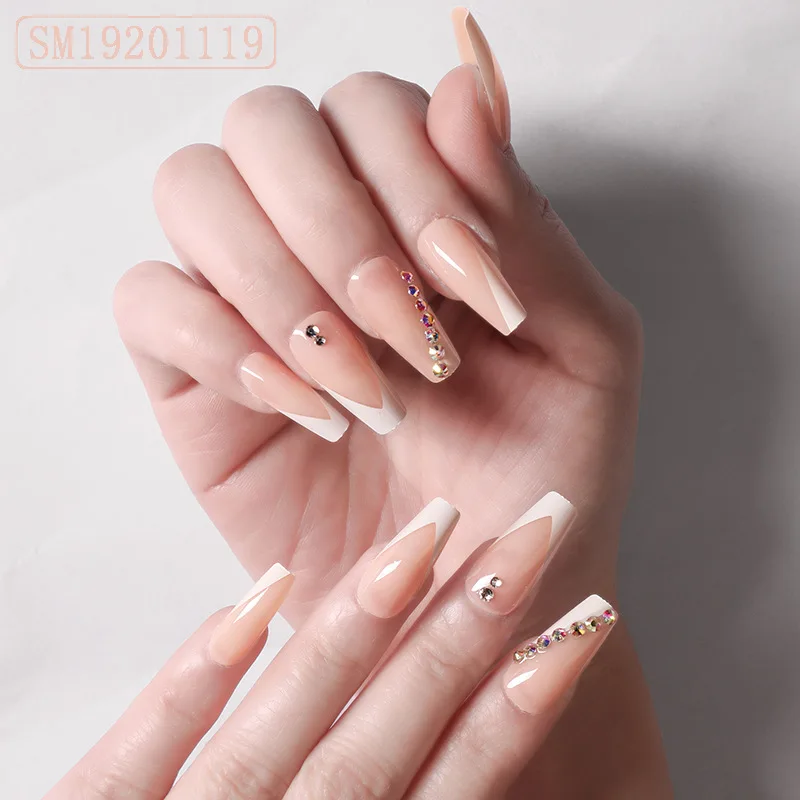

New Arrived Fashion type press on nail supplies french Ballerina pressed on nails and box rhinestone nails set press on