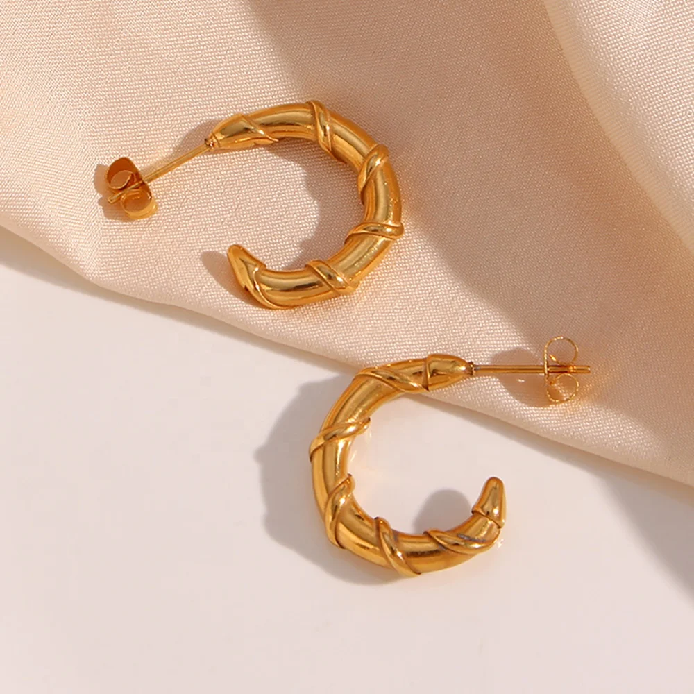 

Trendy 18K Gold Plated Bamboo Shape Gold Hoop Earrings Tarnish Free Stainless Steel Earrings Women