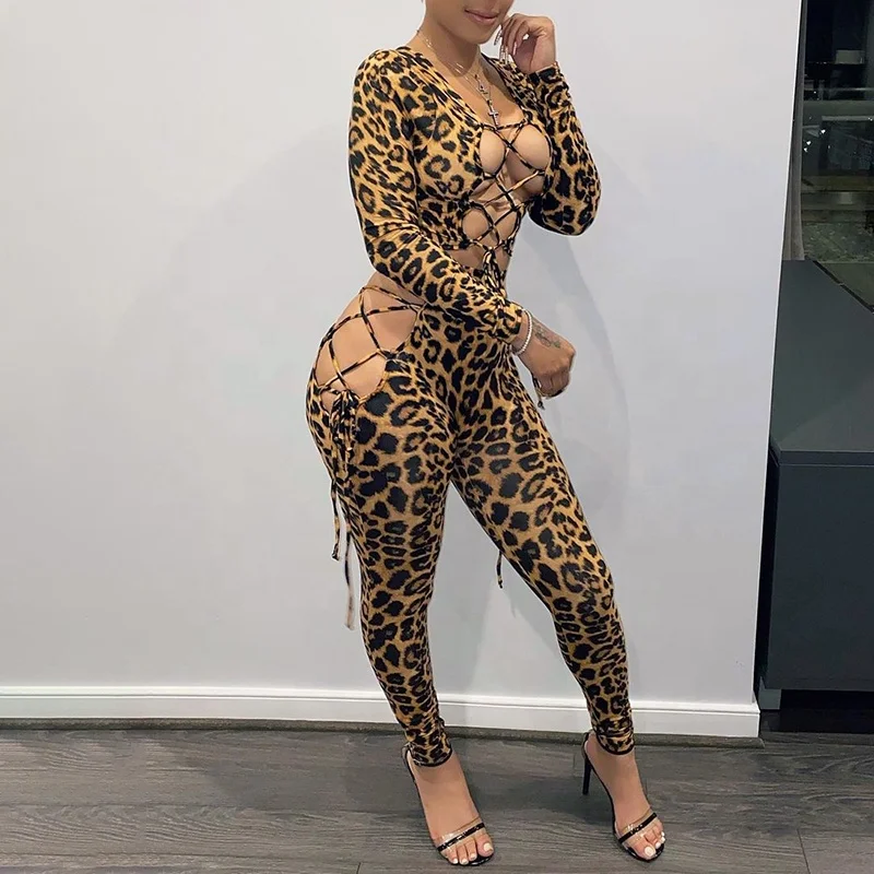 

Amazon top seller 2021new arrivals top sales stack pants 2 piece set leopard v neck 2 piece pants set