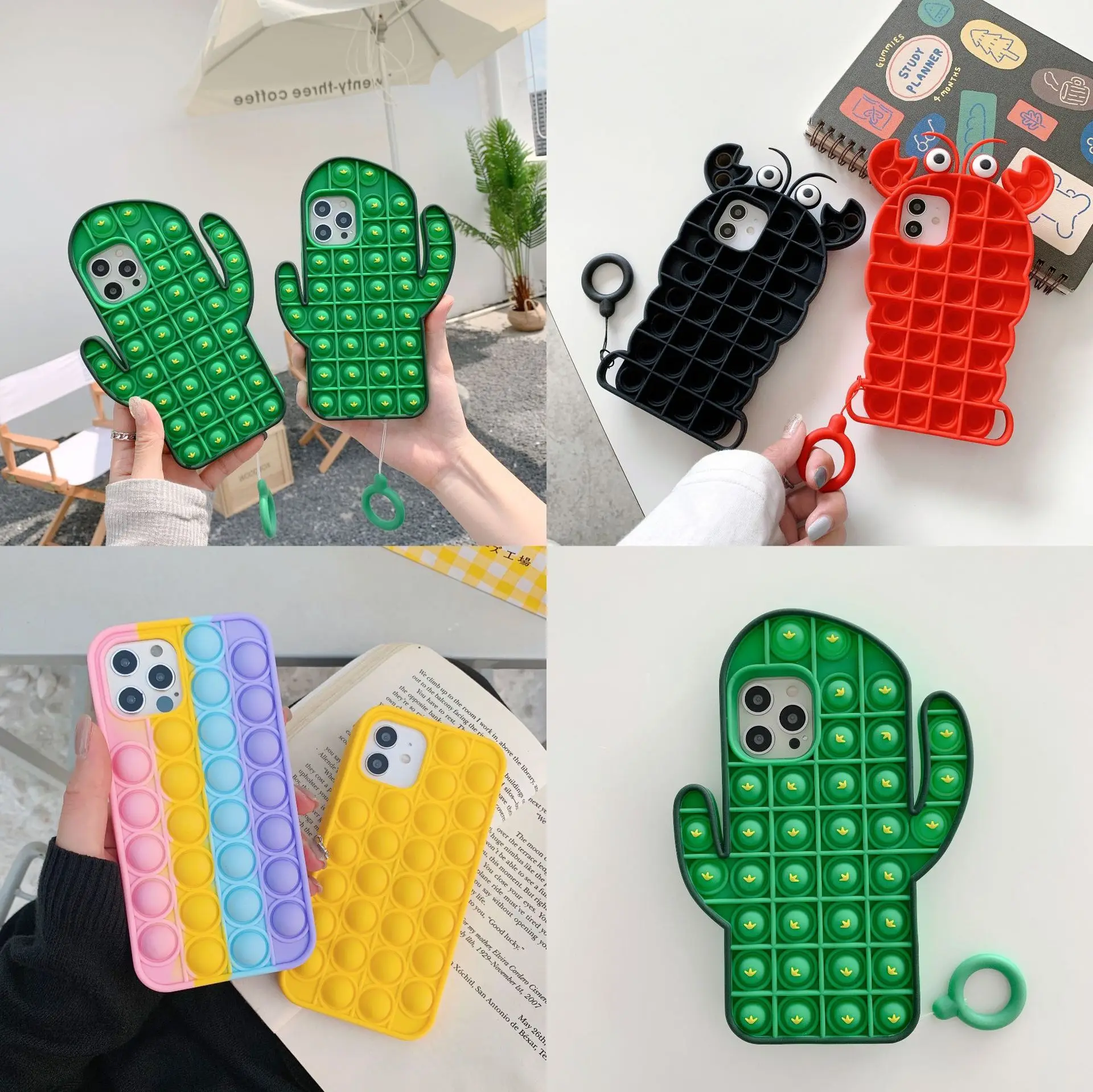 

DDA2392 Soft Cactus Simple Dimple Phone Shell Silicone Sensory Mobile Phone Cover Push Bubble Fidget Toy Phone Case, 6 colors