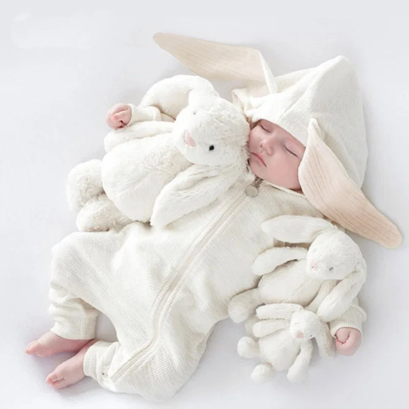 

Cute Rabbit Ear Hooded Baby Rompers For Babies Boys Girls Clothes Newborn Clothing Jumpsuit Infant Plain Baby Bodysuit, As picture