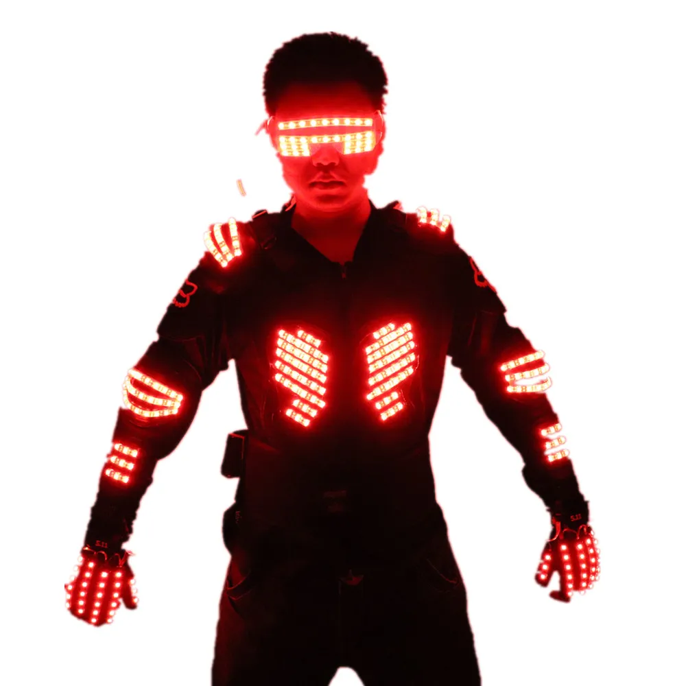 

RGB Colorful Light Armor Outfits Glowing Clothe Show Dress Bar DJ MC Performance Robot men suit led costumes ballroom wears, Red