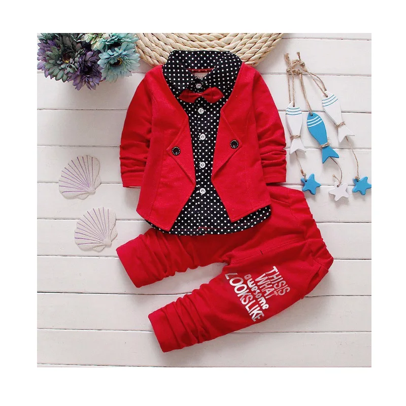 

Low Price Long-sleeved Bow Tie Top Small Trousers Gentleman Children Two-piece Suit Boy Boutique Clothes