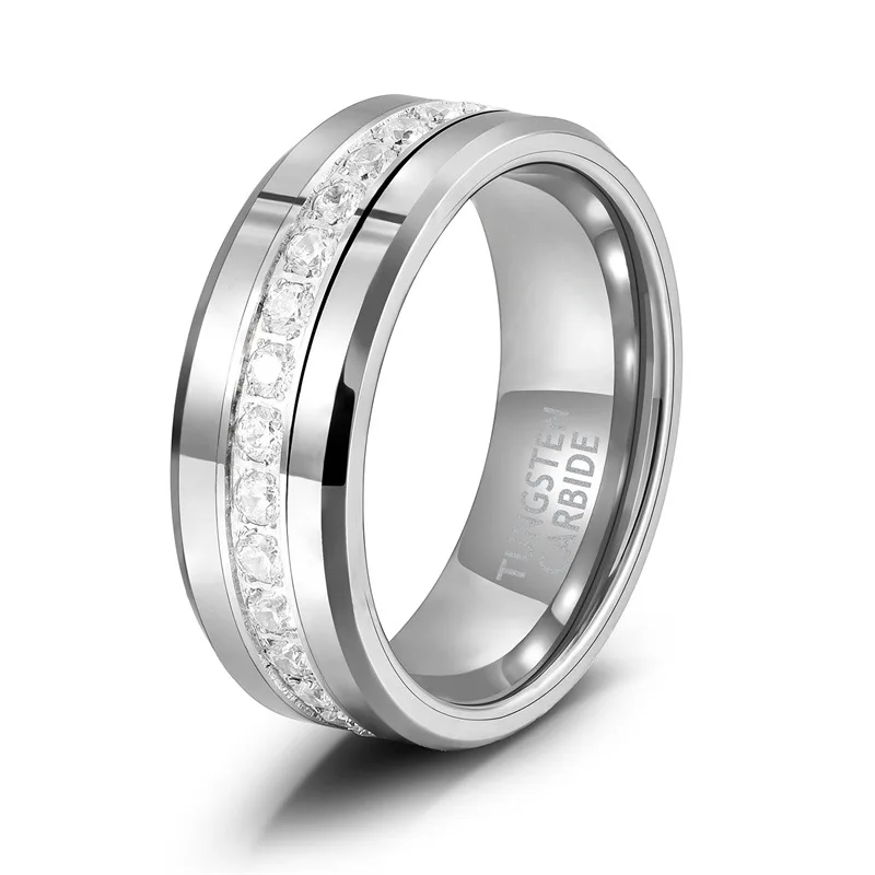 POYA 8mm High Polish Unisex Tungsten Carbide Rings with Cubic Zirconia Black Silver Wedding Band Ring for Men & Women