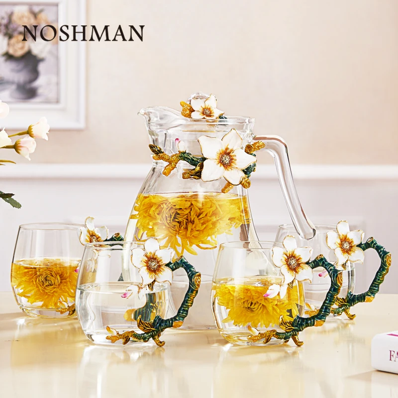

NOSHMAN Custom Logo Enamel Water Cup Kettle Set Household High-end Glass Cup With Spoon And Lid Tea Cup, Transparent