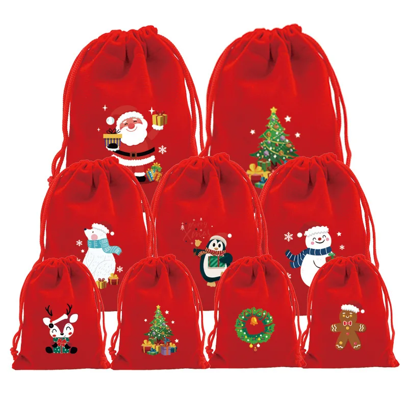 

MIO Santa Elk Pattern Jewelry Gift Pouches Bag Soft Red Velvet Packaging Storage Bags Christmas Gift Drawstring Bag