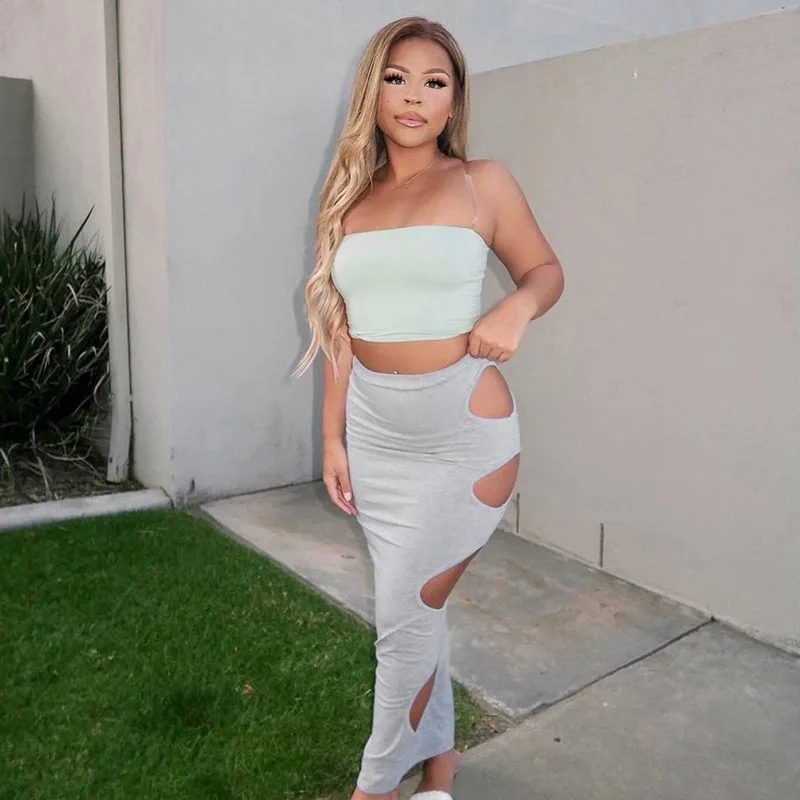 

Summer New Womens Grey Hollow Out Hole Long Slim Dress Stretch High Waist Wrap Skirts, Customized color