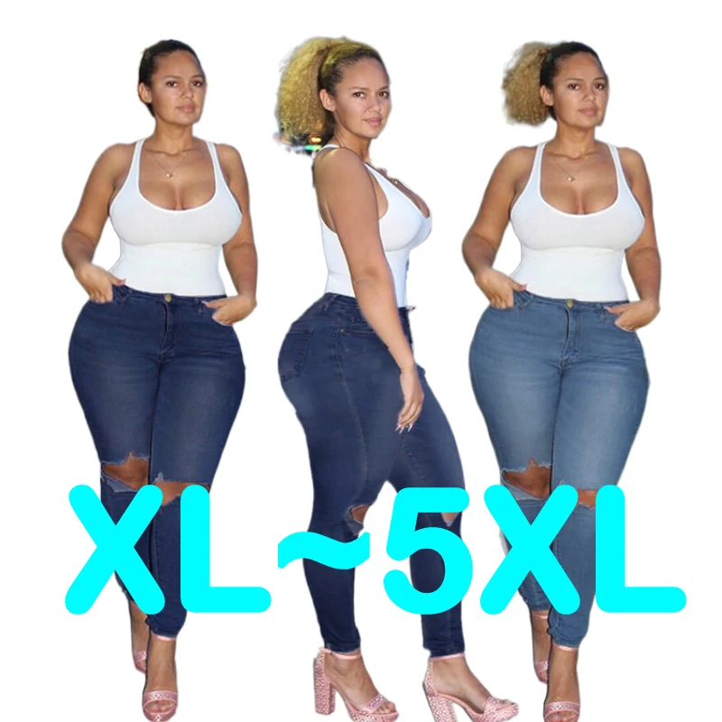 

2021 Classic Wholesale Ripped Stretch Blue Denim Jeans USA XL-7XL Sizes For Fat Women Plus Size Pants & Jeans For Ladies