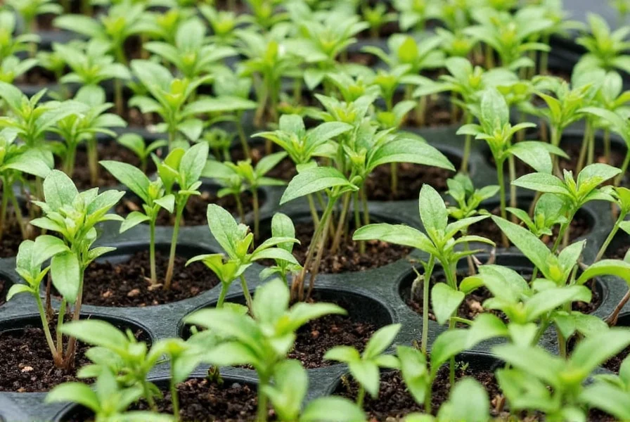 Close-up of Pepper Rex seedlings in starter trays with proper spacing
