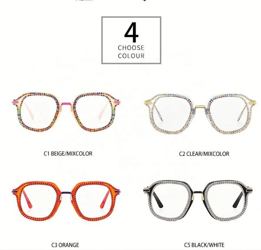 

Square Retro Flat Mirror Rhinestone Transparent Eyewear Reading Glasses in Stock, Colors