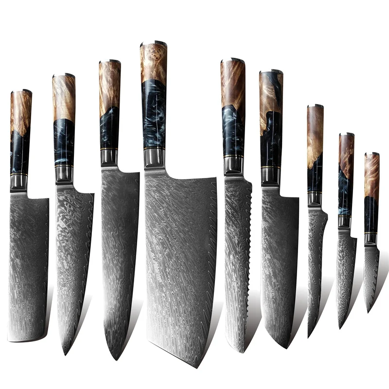 

Top Seller 9 pcs Dropshipping VG10 67 Layers Damascus Steel Kitchen Chef Knife Set With new color wood Handle By China Factory