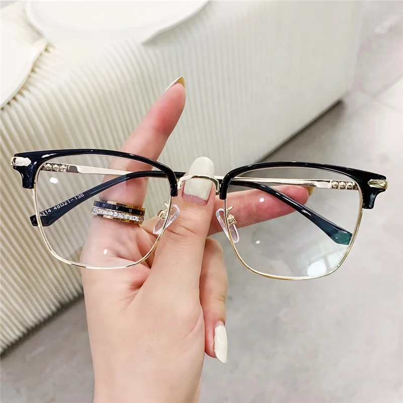 

Xunting Simple Square Half Frame Glasses Frame Metal Men Women Universal Anti Blue Light Frames for Optical Lenses, Leopard black pink trans gold