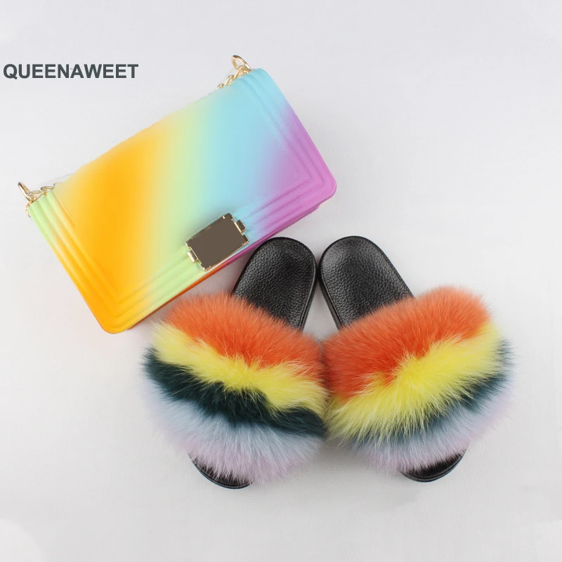 

jelly purse and slides sets Fox fur Slippers Big Fox fur slides for women with purse raccoon fur slides and matching purse, Customized color