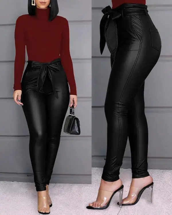 

MK8247 (with belt) Hot fashion casual PU pants leather pants suitable for women