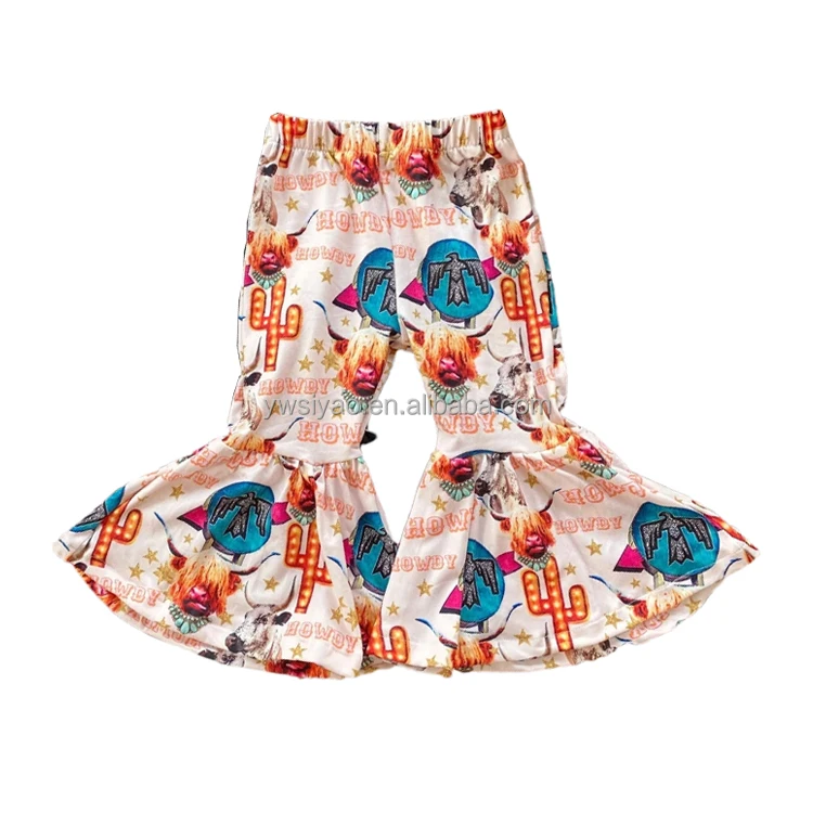 

Western Cow Print Kids Flare Pants Wholesale Children Clothes Milk Silk Fabric Toddler Girl Bell Bottom Pants Baby Trousers, As the picture