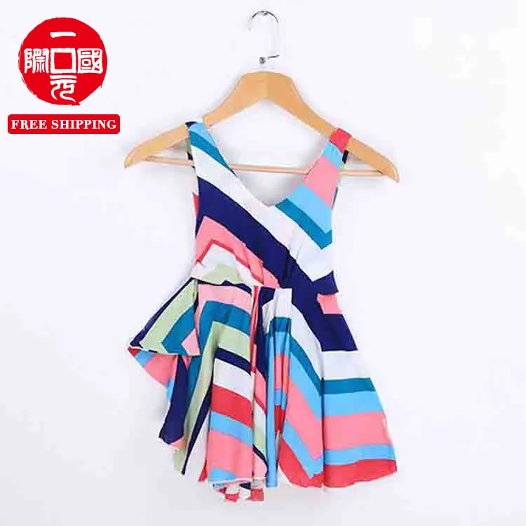 

Girls dress summer sling rainbow irregular stripe strap dress