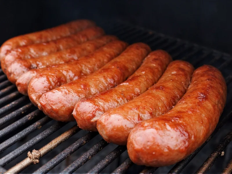 Homemade bratwurst links on outdoor smoker