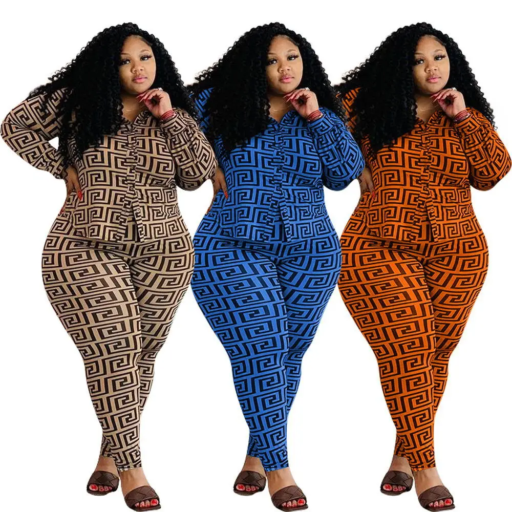 

10902-MX6 latest print casual stripe button plus size two piece women set sehe fashion