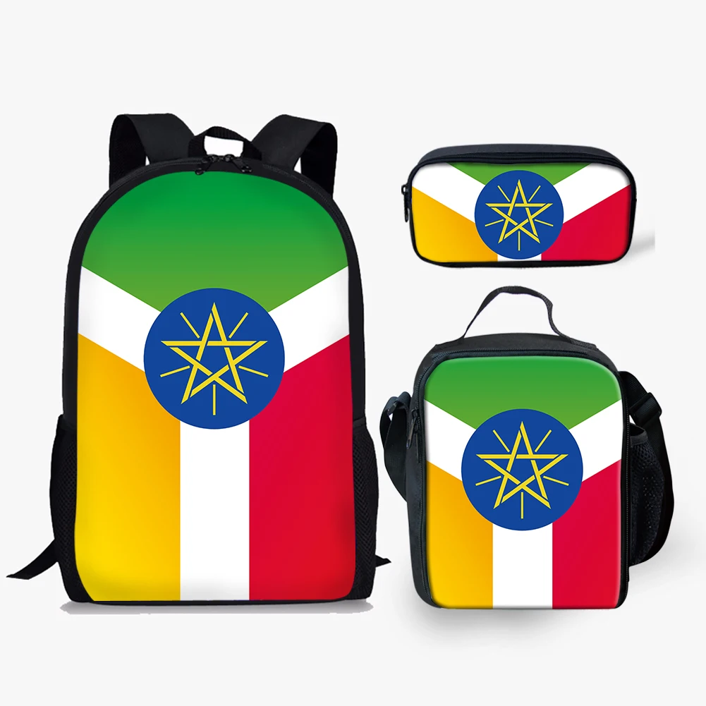 

Ethiopian School Bags Kids Backpack 3pcs Set Girls Bookbag Teen Children Daypack with Lunch Bag and Pencil Case Ethiopia Flag, Customized color