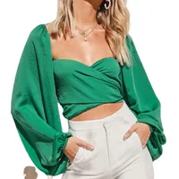 

OOTN 2020 Long Lantern Sleeve Lace Up Women Blouse Shirt Ladies Tops Bow Back Short Blouse Simulation Silk Satin Crop Top