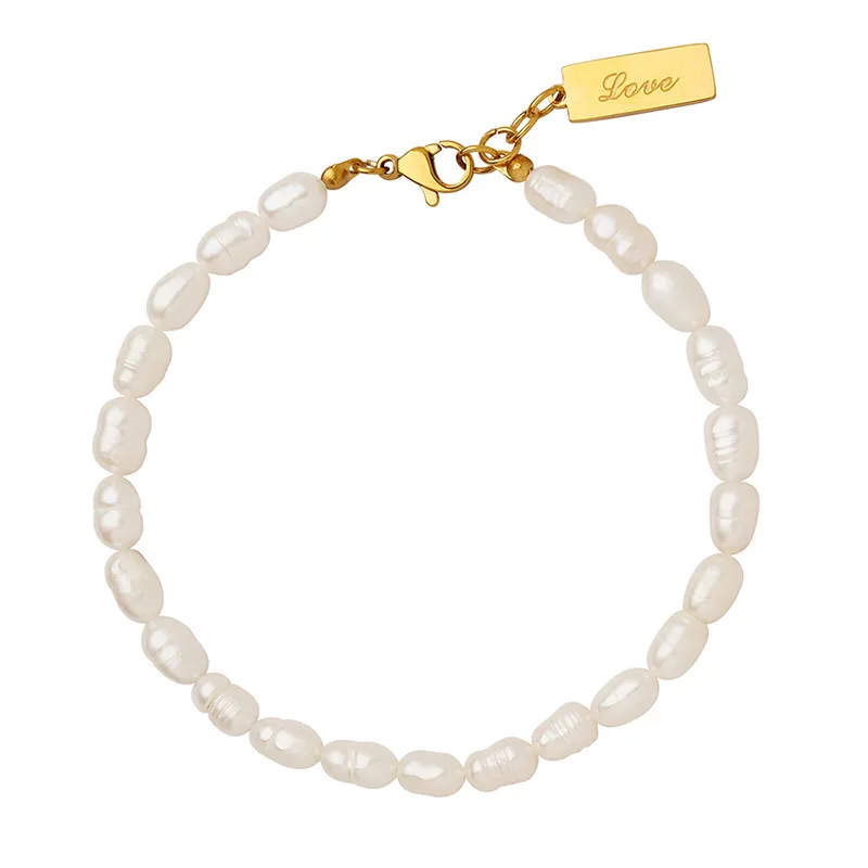 

High End Gold Plated Stainless Steel Rectangle Pendant Fresh Water Pearl Chain Bracelet for Women Wholesale Jewelry