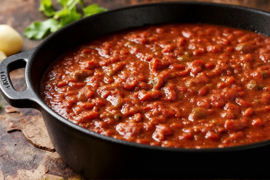 Authentic Denison chili in cast iron pot showing thick texture and rich color