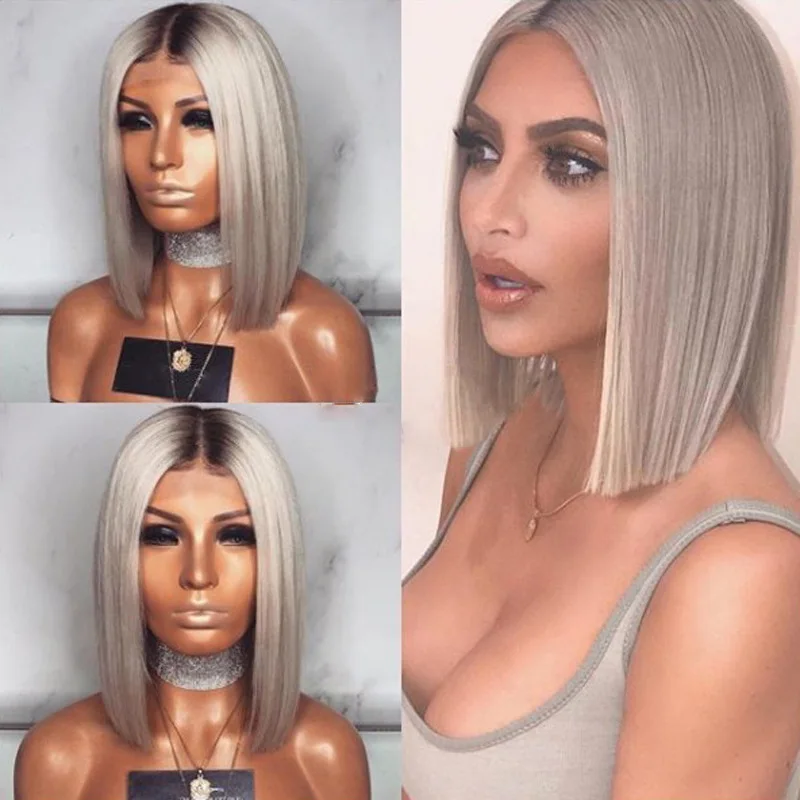 

Straight Short Bob Wig Blonde Color Glueless Human Hair Syntheti For Black Women