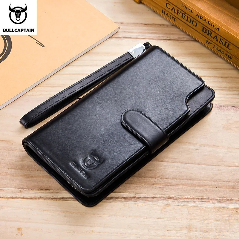 

BULLCAPTAIN leather long wallet men's zipper coin purse RFID wallet ID document card bag clutch bag 028, Brown