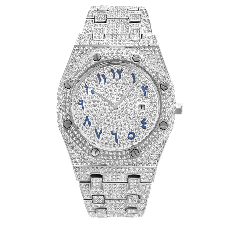 

Blues New design Japanese Quartz Movement Blue Arabic Number Dial full crystal Diamond Luxury men wrist watch