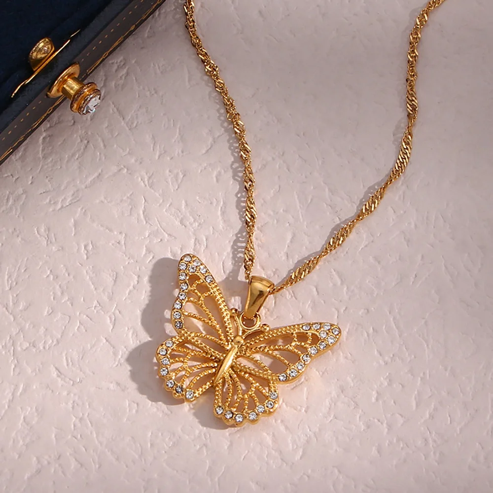 

Elegant Hollow out Zircon Butterfly Necklace 18K Gold Plated Stainless Steel Tarnish Free Jewelry