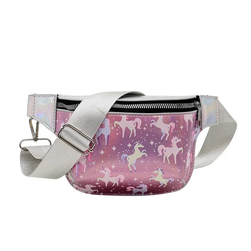 

Wholesale Cute Unicorn Kids Fanny Pack Girls Cartoon Chest Bag Holographic Pu Leather Waist Bag, Blue,sliver,pink