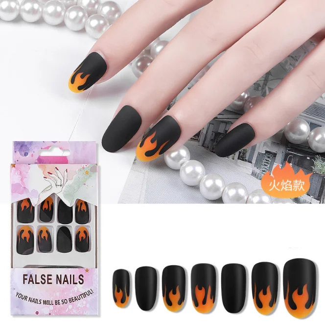 

24 pcs /set Black Nail Art Tips Flame Design Artificial Nails Matte short Full Color False Nail Tips with Jelly Glue, See picture
