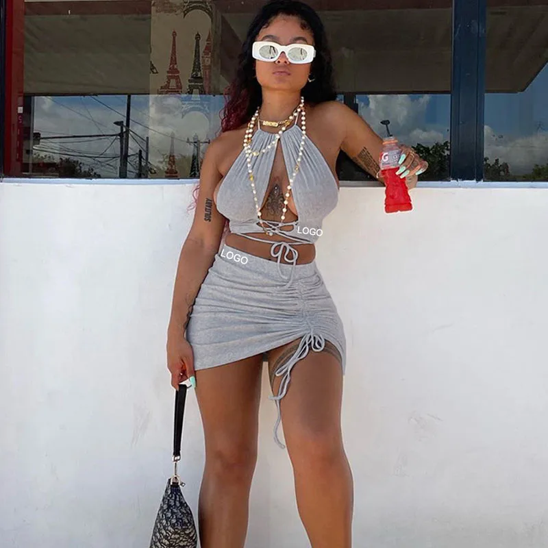 

custom summer two piece short skirt set crop top set black drawstring halter skirts micro mini wrap skirt sexy women 2piece sets