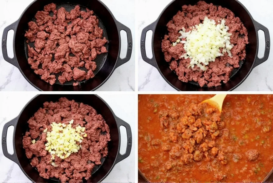 Step-by-step preparation of corn chili showing ground beef browning in cast iron pot with diced onions and garlic