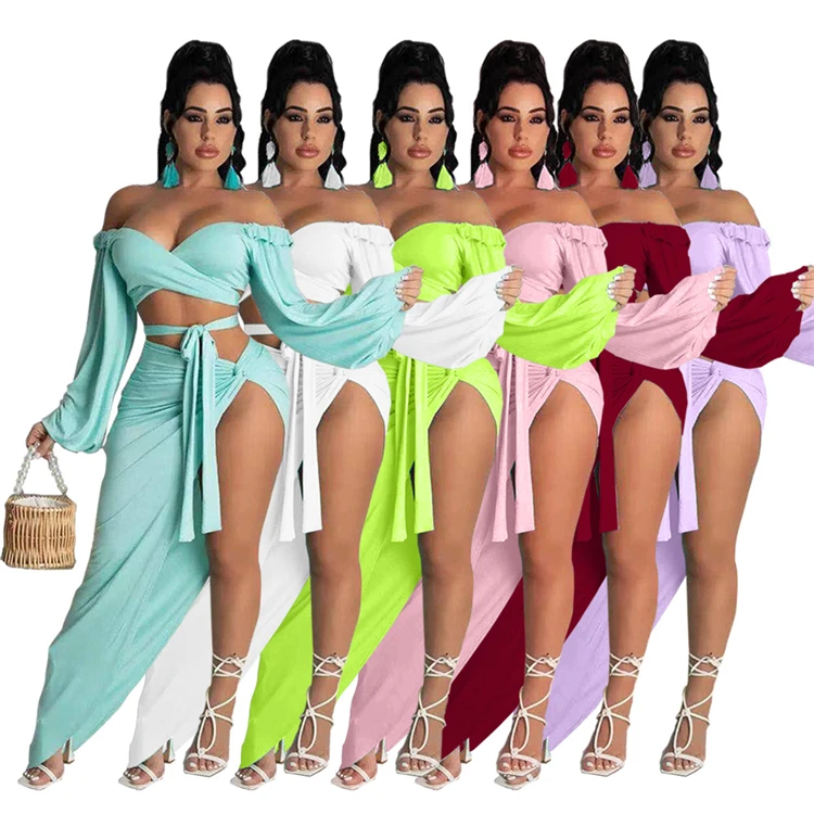 

DUODUOCOLOR Fashion temperament solid color irregularity skirt summer sexy 2021 long sleeves woman two piece sets D10139
