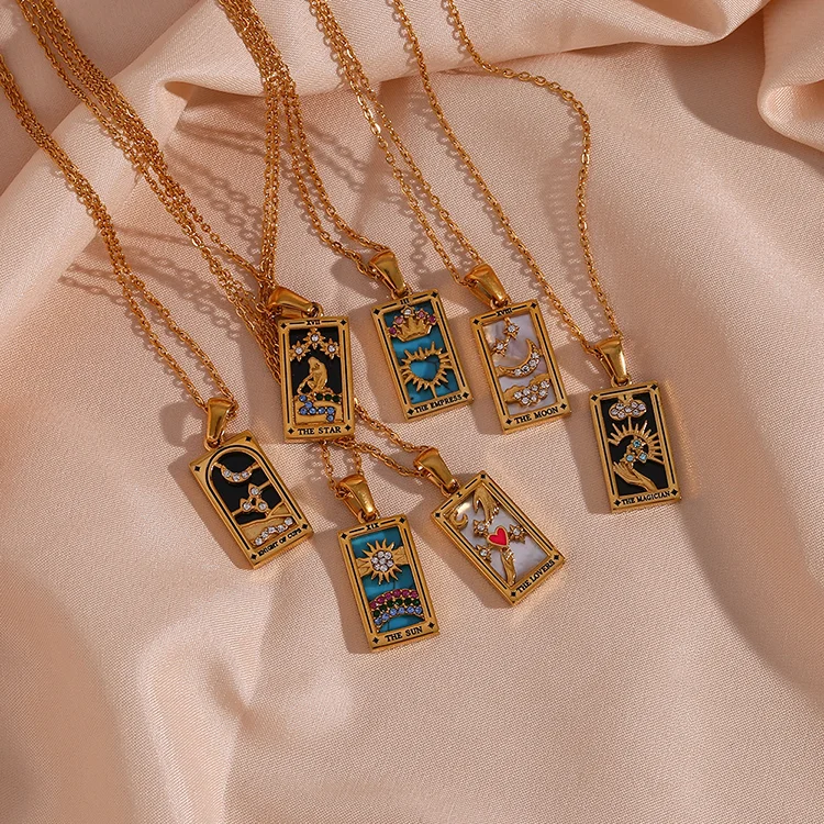 Y010 Vintage Square Colorful Enamel Zircon Tarot Cards Pendant Necklace Pvd 18k Gold Plated Stainless Steel Necklace For Women