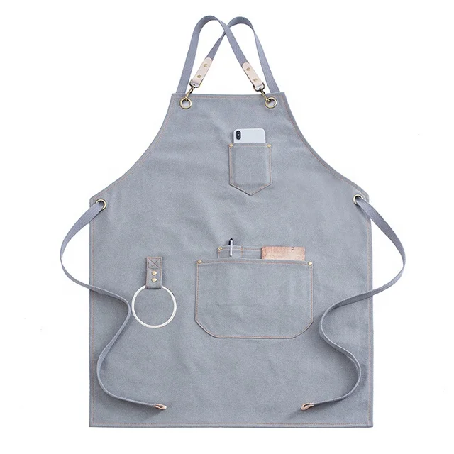 

Light Grey Color Coffee Canvas Kitchen Apron For Florista With Pockets, Can be customized