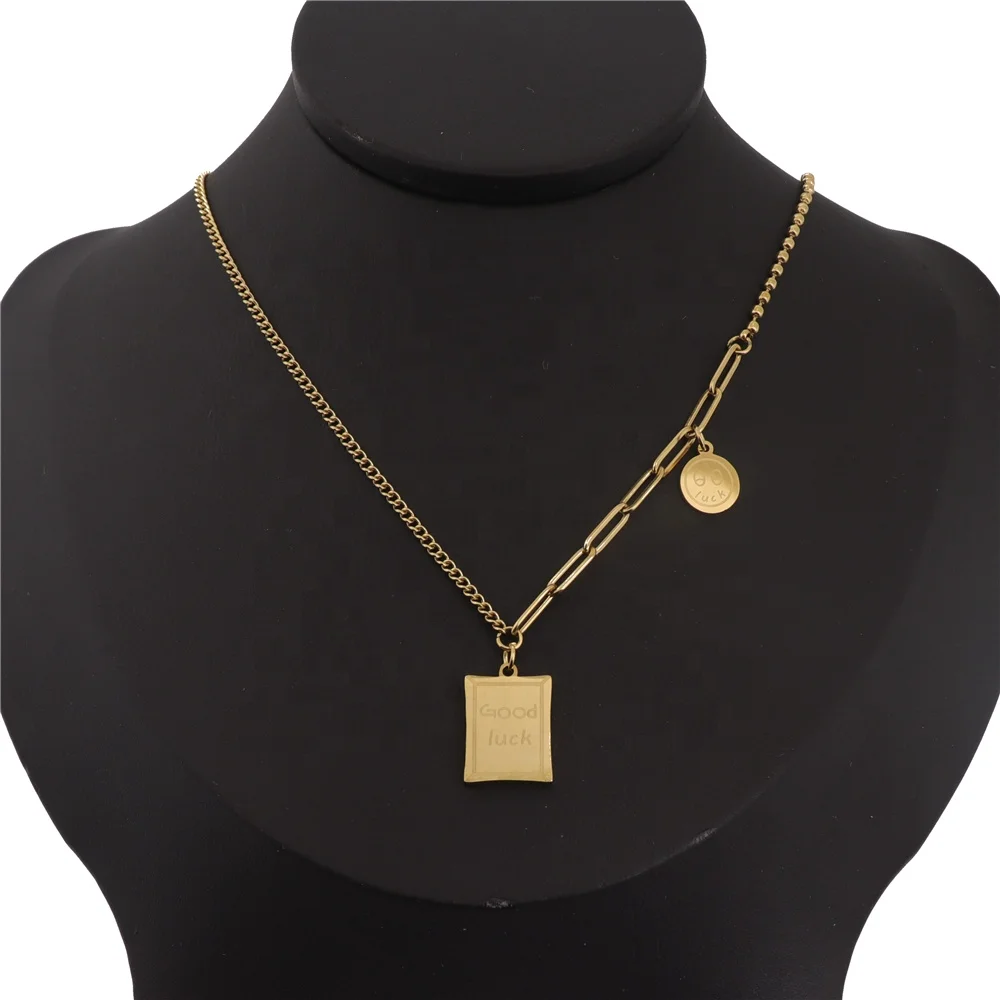

Square Stainless Steel Gold Plated Jewelry Good Luck Small Personalized Name Tassel Necklace Women