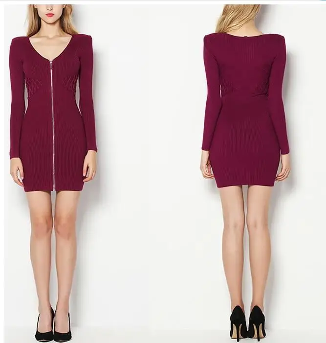 

New Style Autumn Winter Packet Hip V Neck Zipper Long Sleeves A Skinny Women Dress