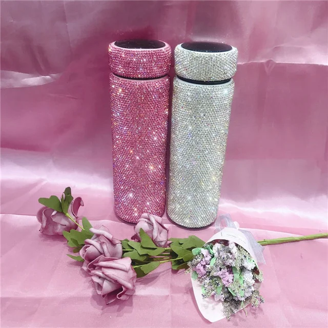 

Hot Sale Water Flasks Newest Design Luxury full Rhinestone Portable LED Temperature Display Thermos Vacuum Crystal Water Bottles, Multiple colors