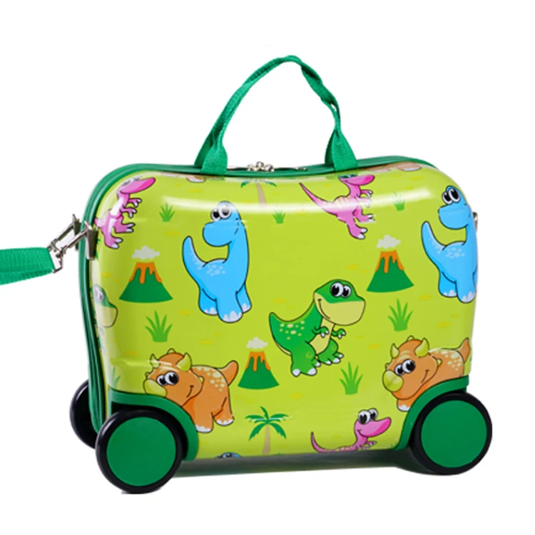 

Wholesale OEM 16 inch green cartoon dinosaur design ABS hard shell cabin size kid ride on suitcase luggage, Customized