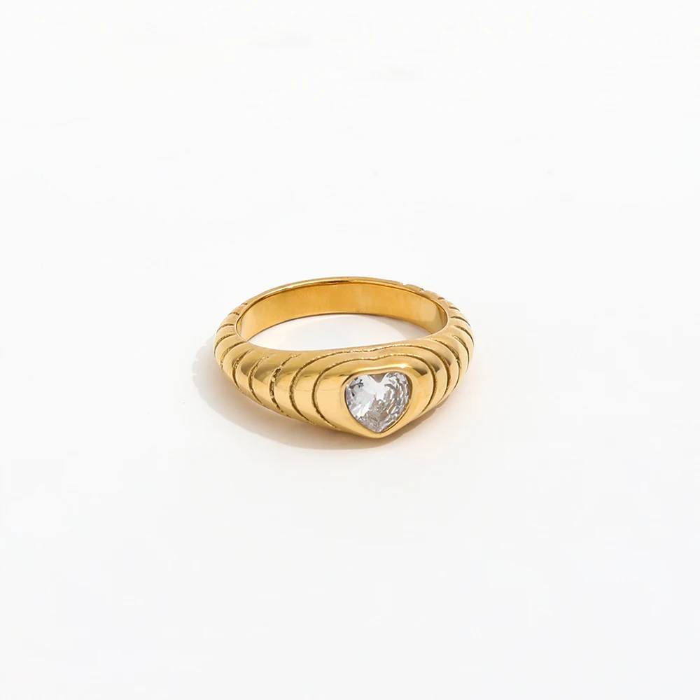 High End 18K Plain Gold Zirconia Heart Statement Croissant Dainty Rings Stainless Steel Trendy Simple Gold Plated Jewelry