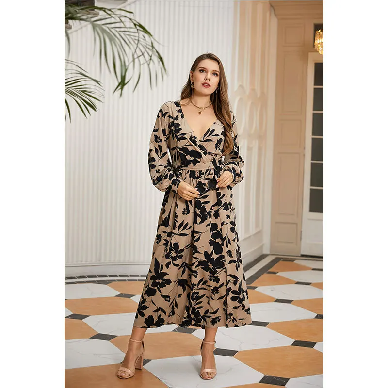 

New Arrive Spring Fall Women Clothing Plus Size Floral Layered Ruffle V Neck plus size dresses 4xl 5xl 6xl 7xl