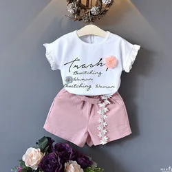 

New Designs Summer Children Clothes Sets Baby Girls Ruffle Sleeve Loose T-shirt With Flower Shorts 2pcs Suits