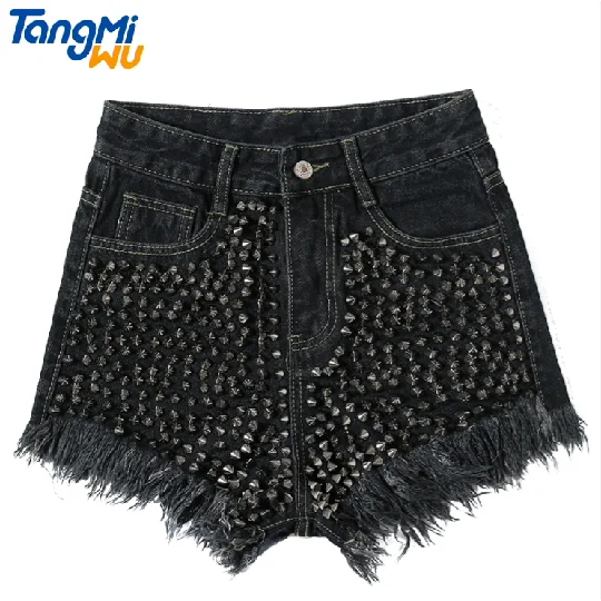 

New style Burrs cat whiskerLoose broad street trend rivet decoration denim shorts women high waisted shorts jeans