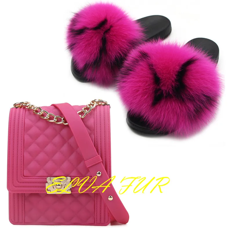 

2020 ELVA FUR Custom indoor OEM logo blue pink real fox fur fluffy slides sandals slipper for women, Colours