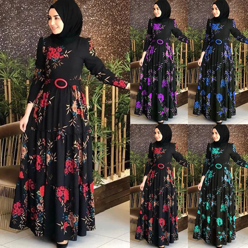 

Flowers Printed Colorful Women Abaya Plus Size Muslim Dress Islamic Long Sleeve Maxi Muslim Dresses, 4 colors stock