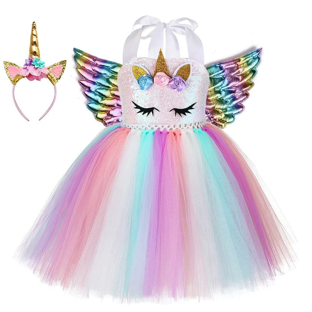 

2022 Fashion Kids Costume Clothing Tulle Sequin Unicorn Birthday Party 3pcs Set Girl Tutu Dress With Wing