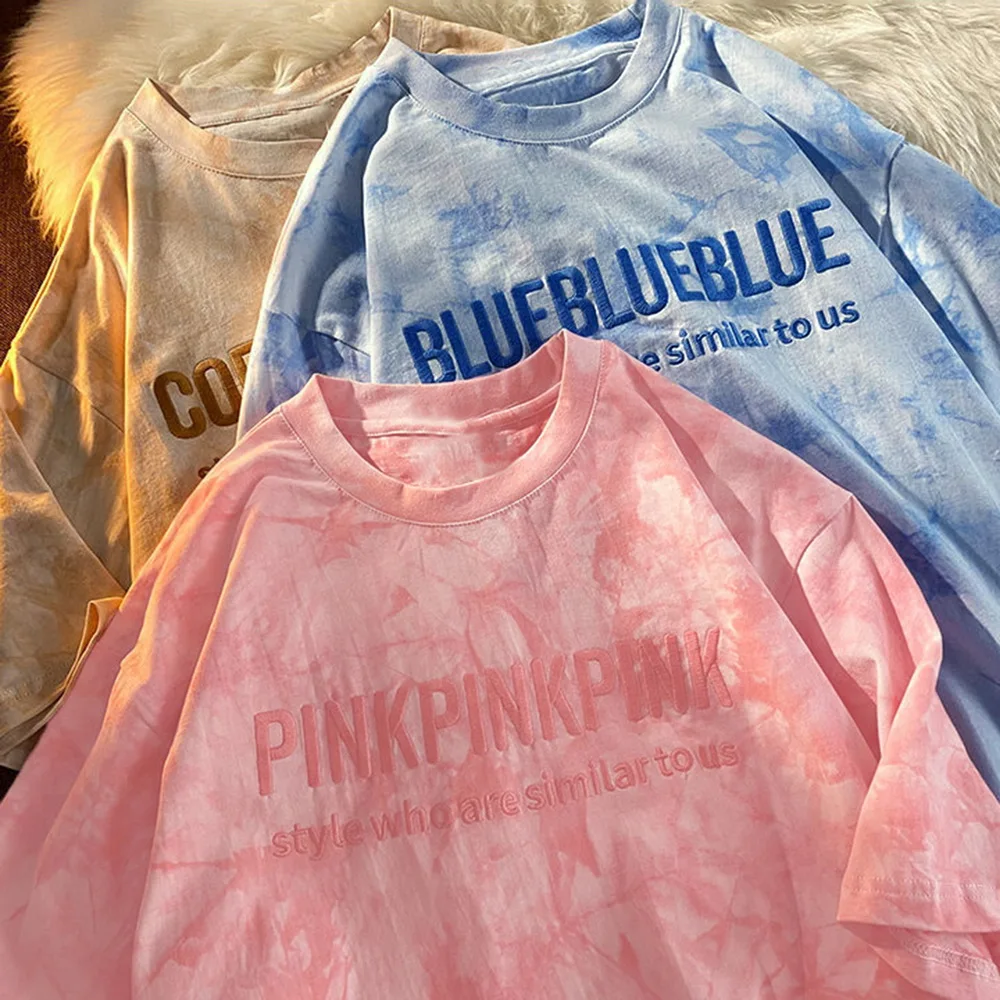 

Fashion Short-sleeved Lady T-shirt Round Neck Tie-dye Letter Embroidery Casual T-shirt Top Clothes For Women